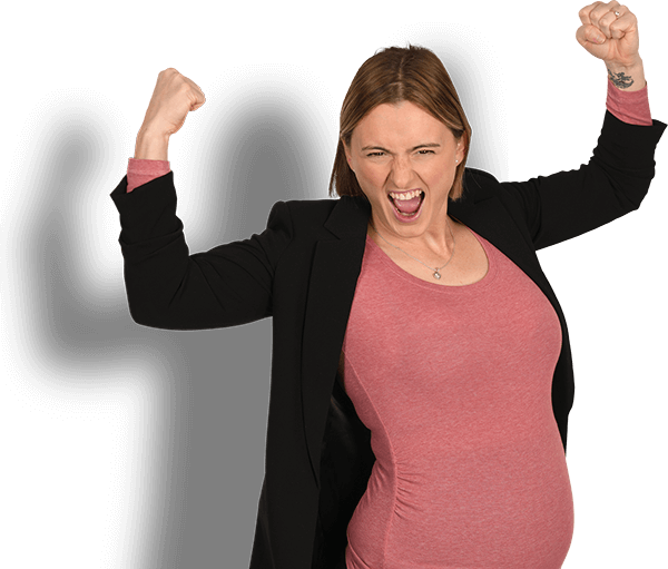 Bild schwangere Mitarbeiterin des Landkreis Ravensburg in Jubelpose